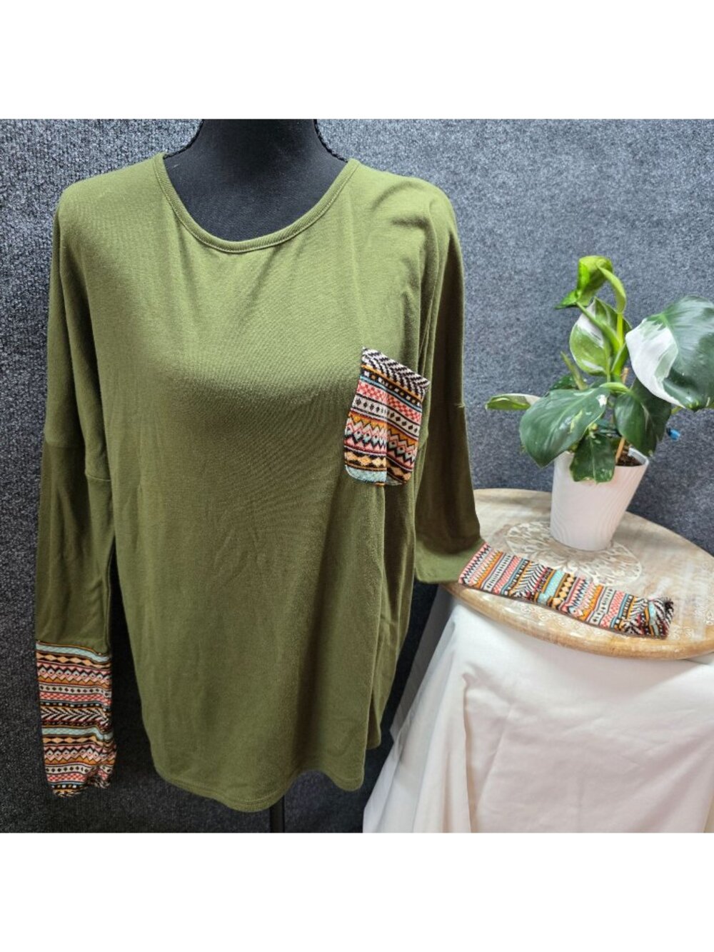 Pogtmm Bohemian Top L Olive Green Multi Patchwork Casual Festival Artsy Indie